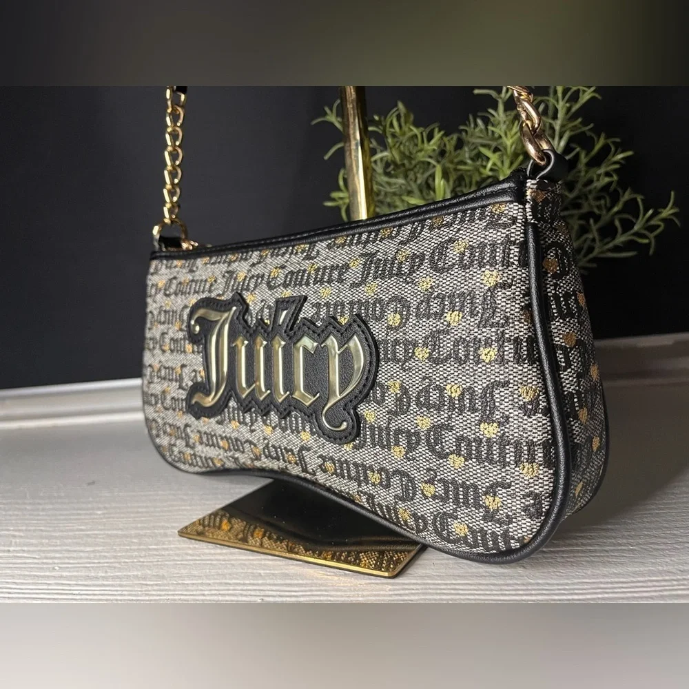 Juicy Couture Poker Face Black & Gold Baguette Shoulder Bag Logo Print NWT